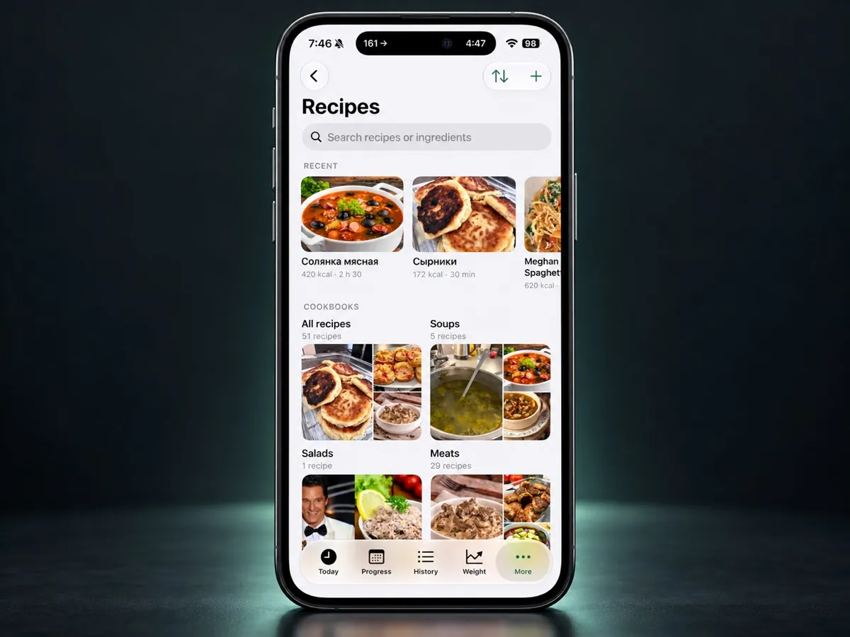 Foodmath Recipes on a phone, showing recipe search, food photos, and cookbook categories.