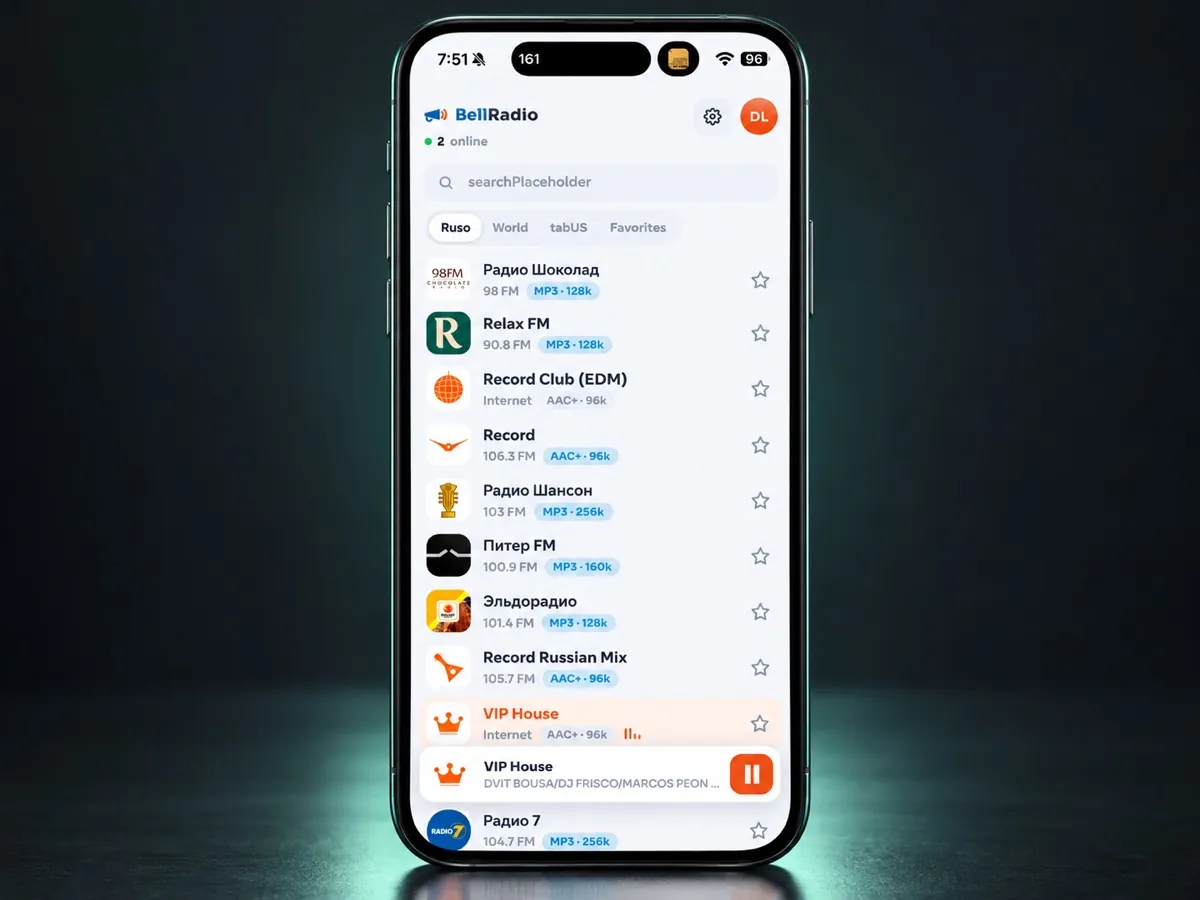 BellRadio station list and player displayed on a phone.