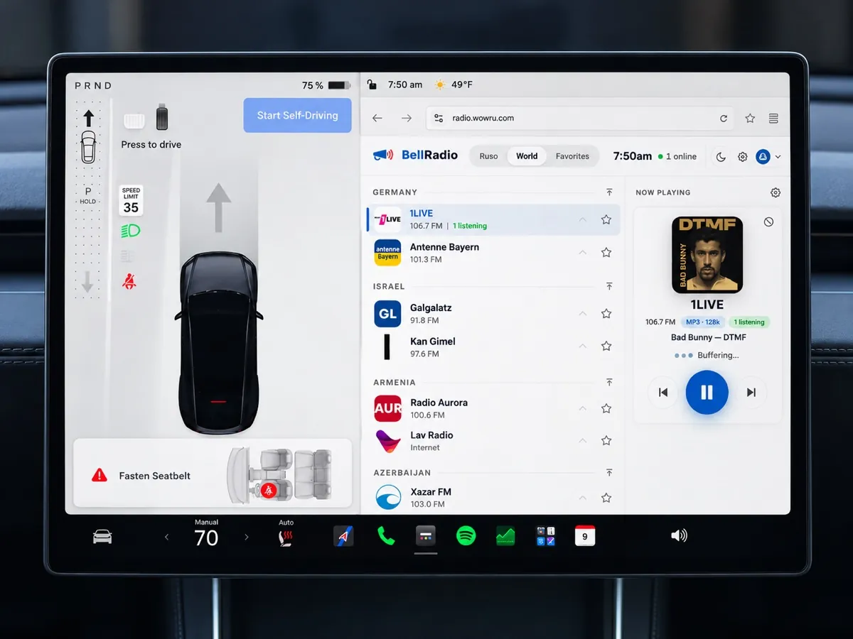 BellRadio displayed on a Tesla center touchscreen.